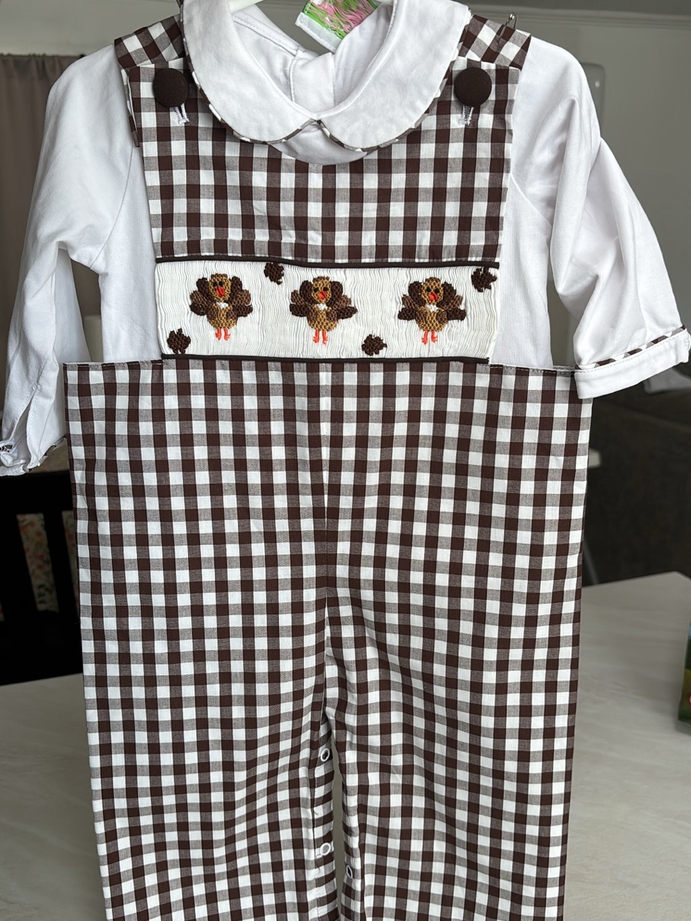 Brown Gingham Smocked Turkey Overalls with MATCHING UNDER SHIRT for Kids